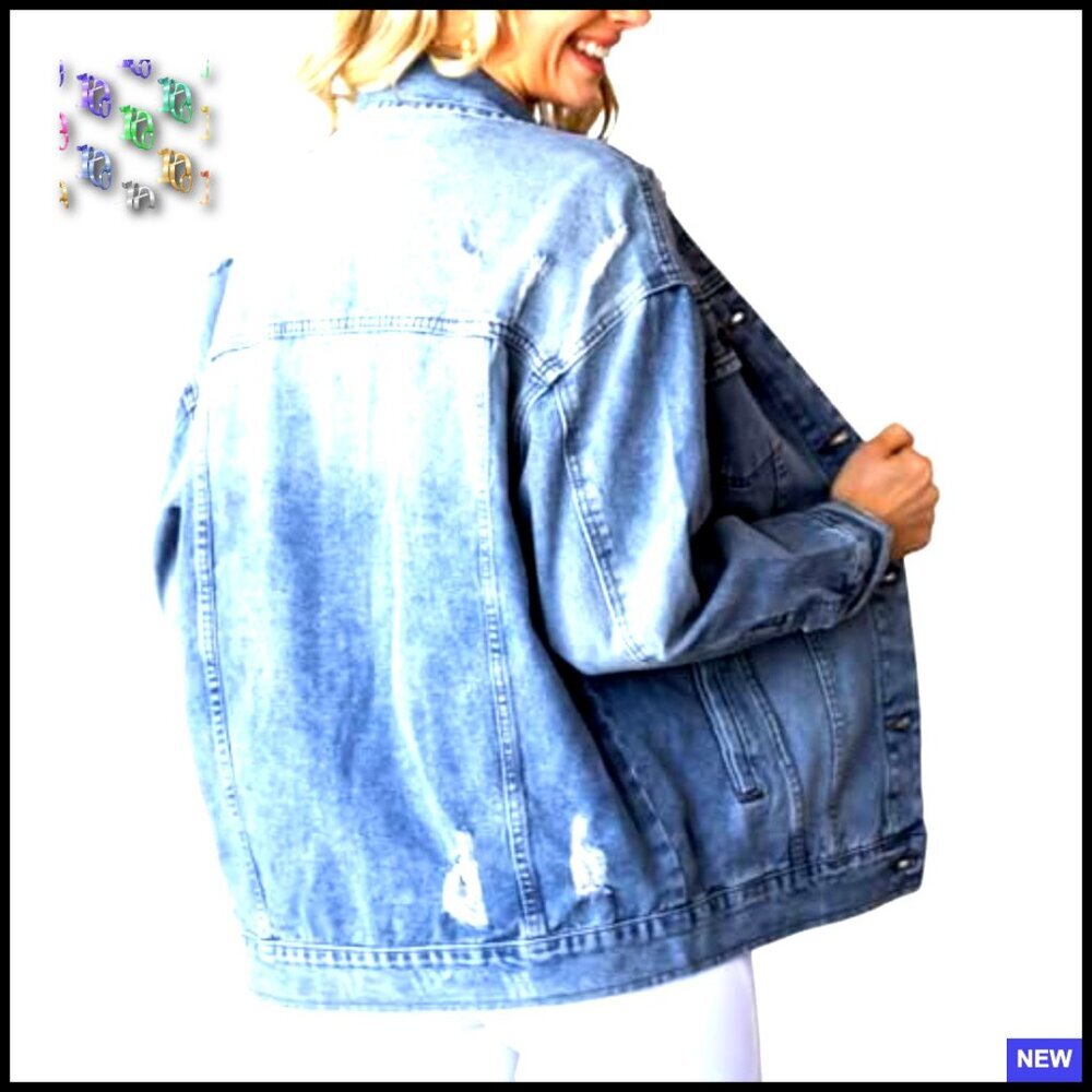 Oversized Denim Jacket Distressed Ripped Drop Shoulder Casual Coat Women's - Picture 2 of 7